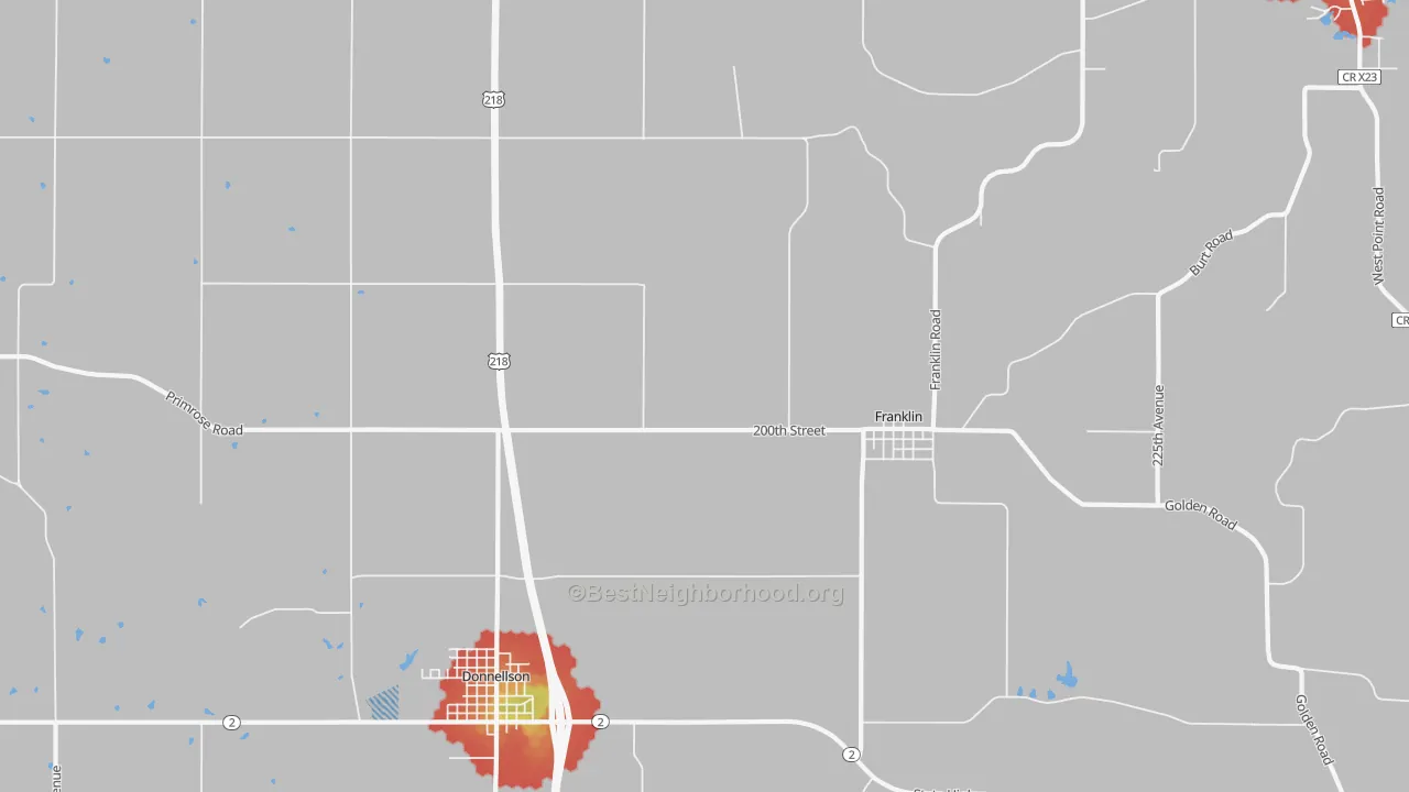 Walk Grade map of Franklin, IA, walkable areas in green and car-dependent areas in red