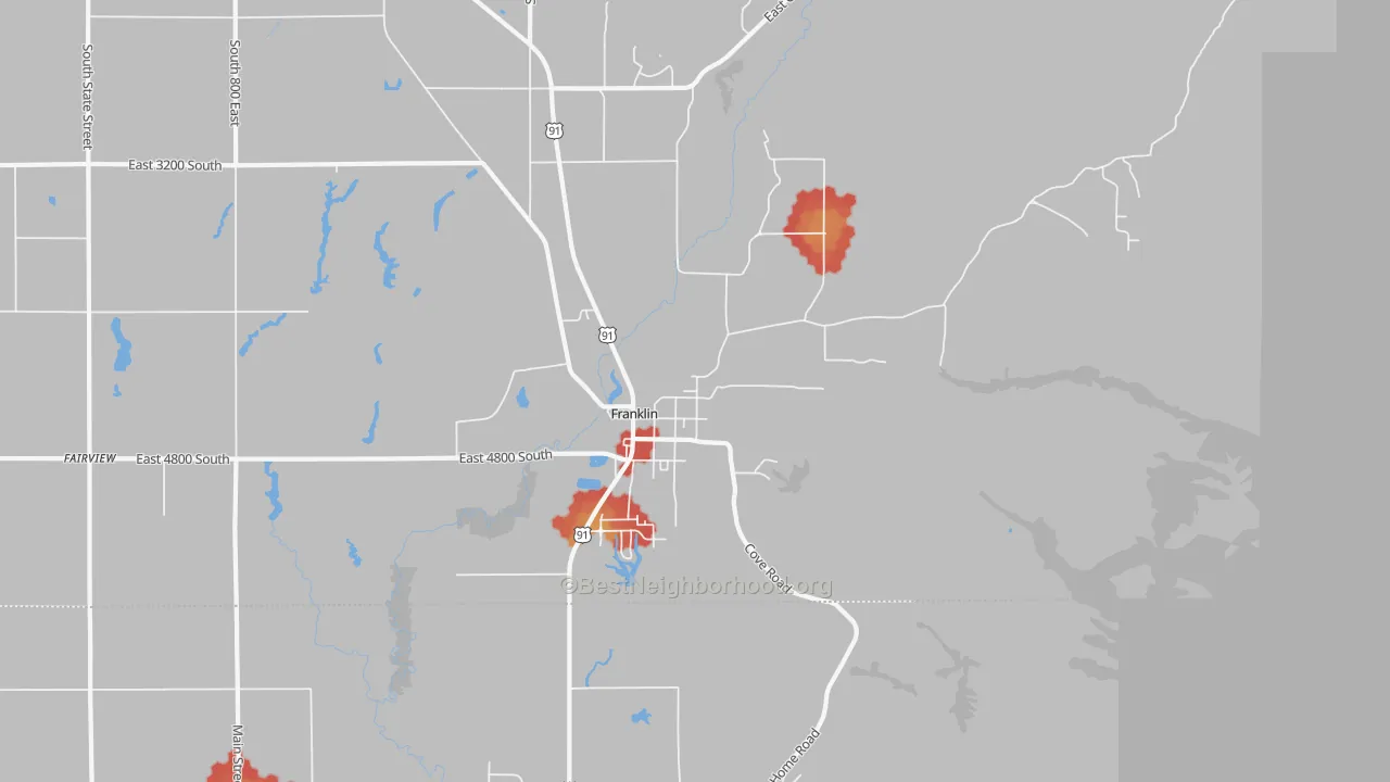 Walk Grade map of Franklin, ID, walkable areas in green and car-dependent areas in red