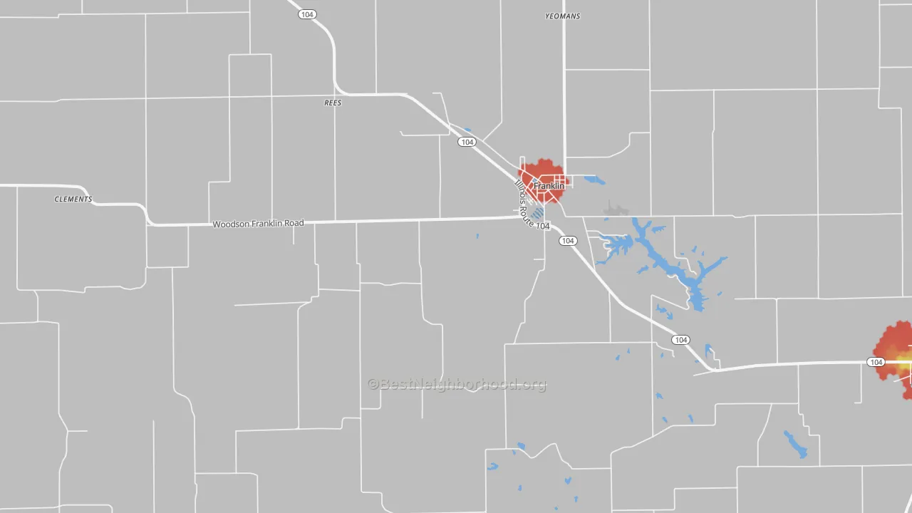 Walk Grade map of Franklin, IL, walkable areas in green and car-dependent areas in red