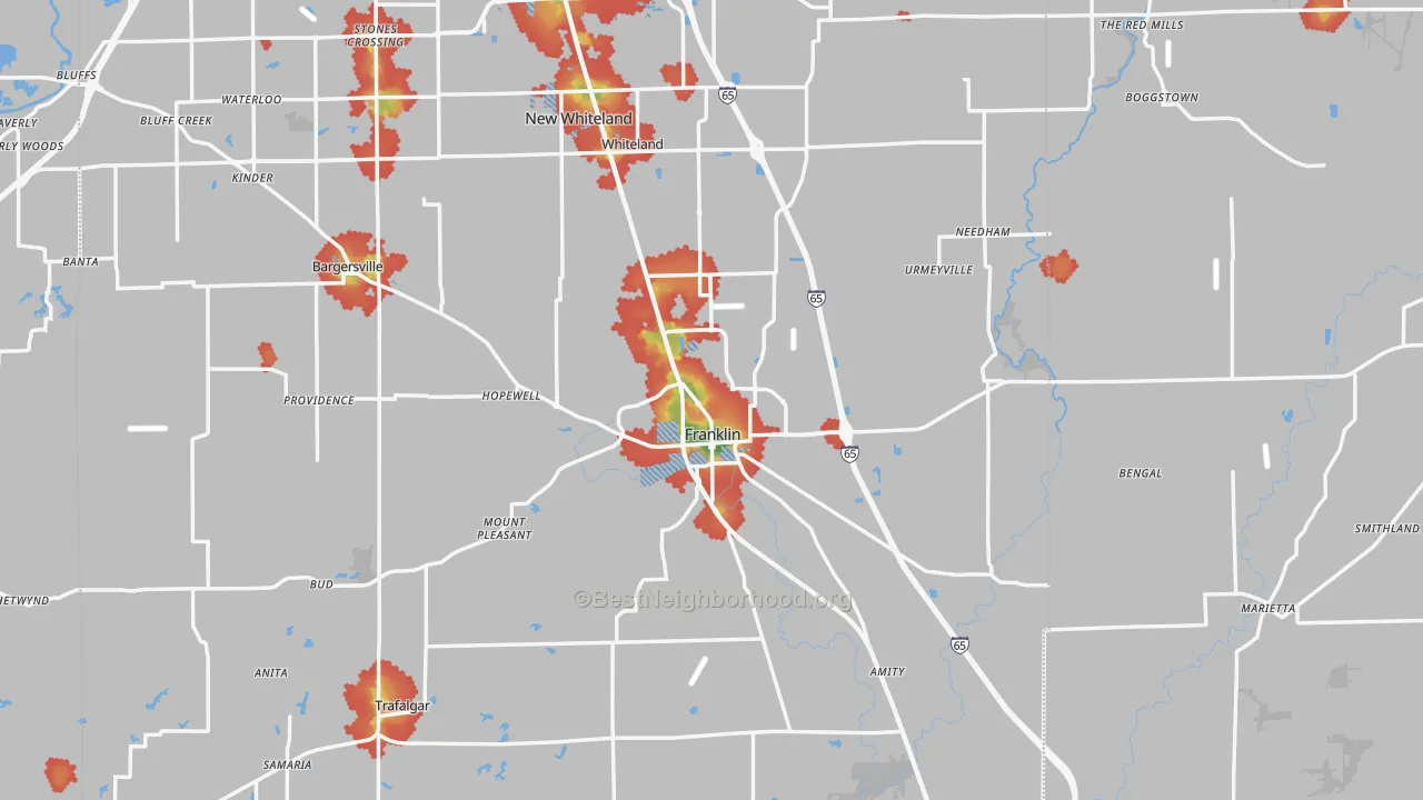 Walk Grade map of Franklin, IN, walkable areas in green and car-dependent areas in red
