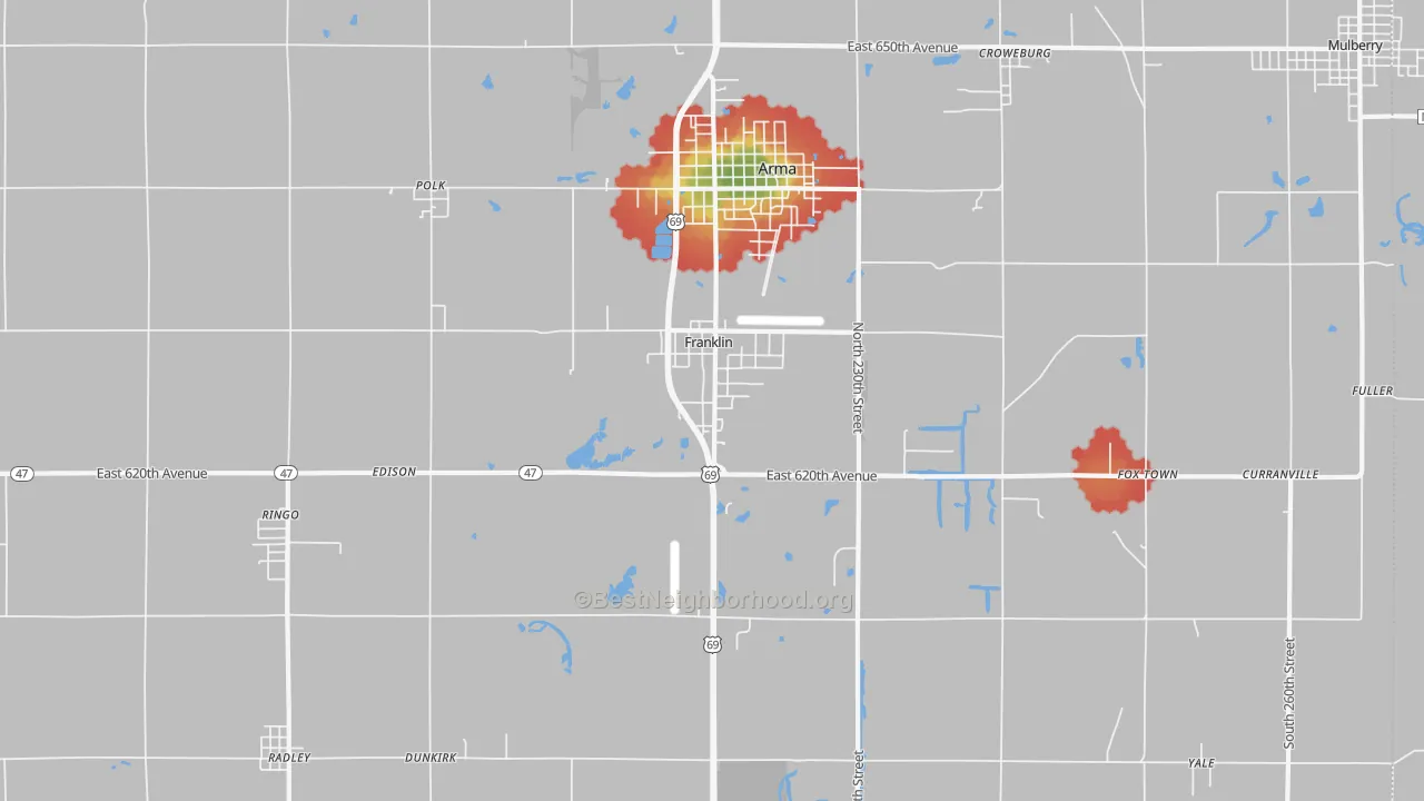 Walk Grade map of Franklin, KS, walkable areas in green and car-dependent areas in red