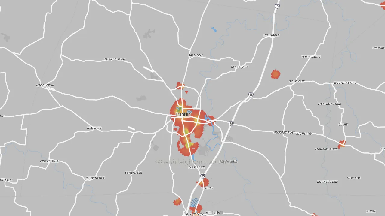 Walk Grade map of Franklin, KY, walkable areas in green and car-dependent areas in red