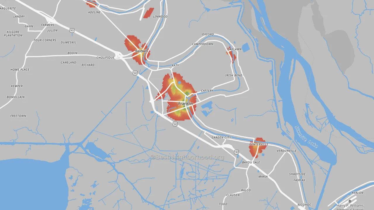 Walk Grade map of Franklin, LA, walkable areas in green and car-dependent areas in red