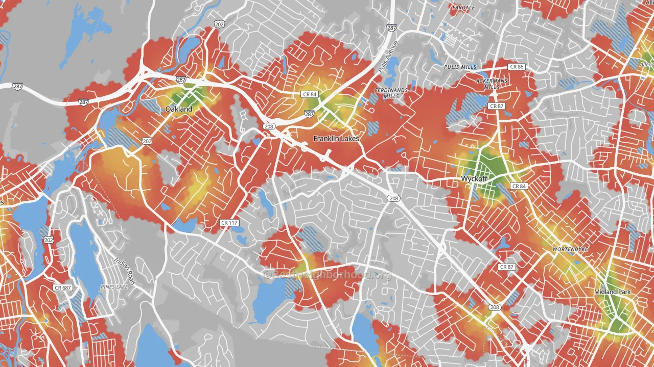 Walk Grade map of Franklin Lakes, NJ, walkable areas in green and car-dependent areas in red