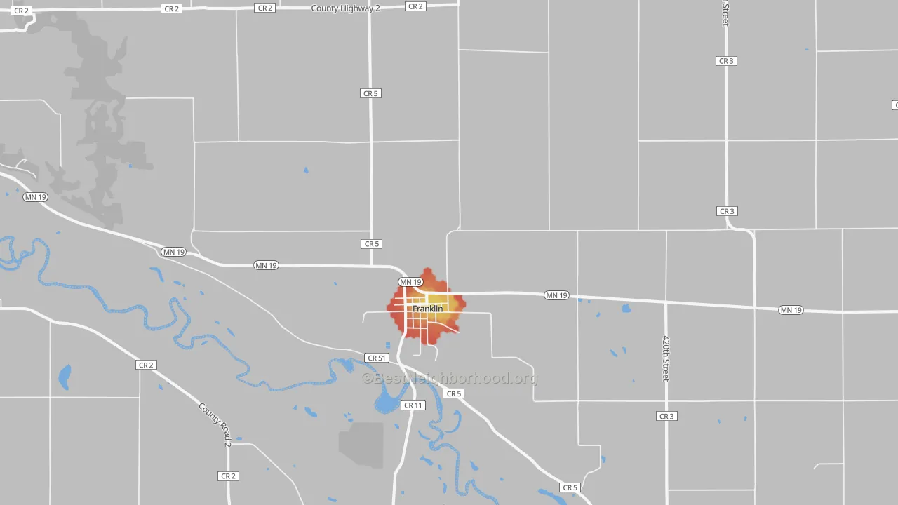 Walk Grade map of Franklin, MN, walkable areas in green and car-dependent areas in red