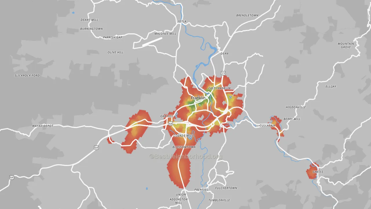 Walk Grade map of Franklin, NC, walkable areas in green and car-dependent areas in red