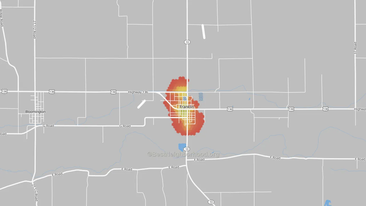 Walk Grade map of Franklin, NE, walkable areas in green and car-dependent areas in red