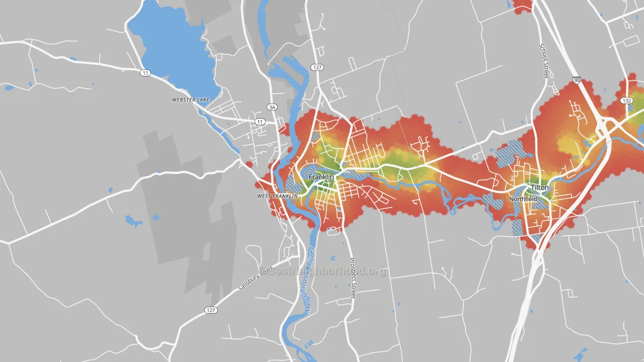 Walk Grade map of Franklin, NH, walkable areas in green and car-dependent areas in red