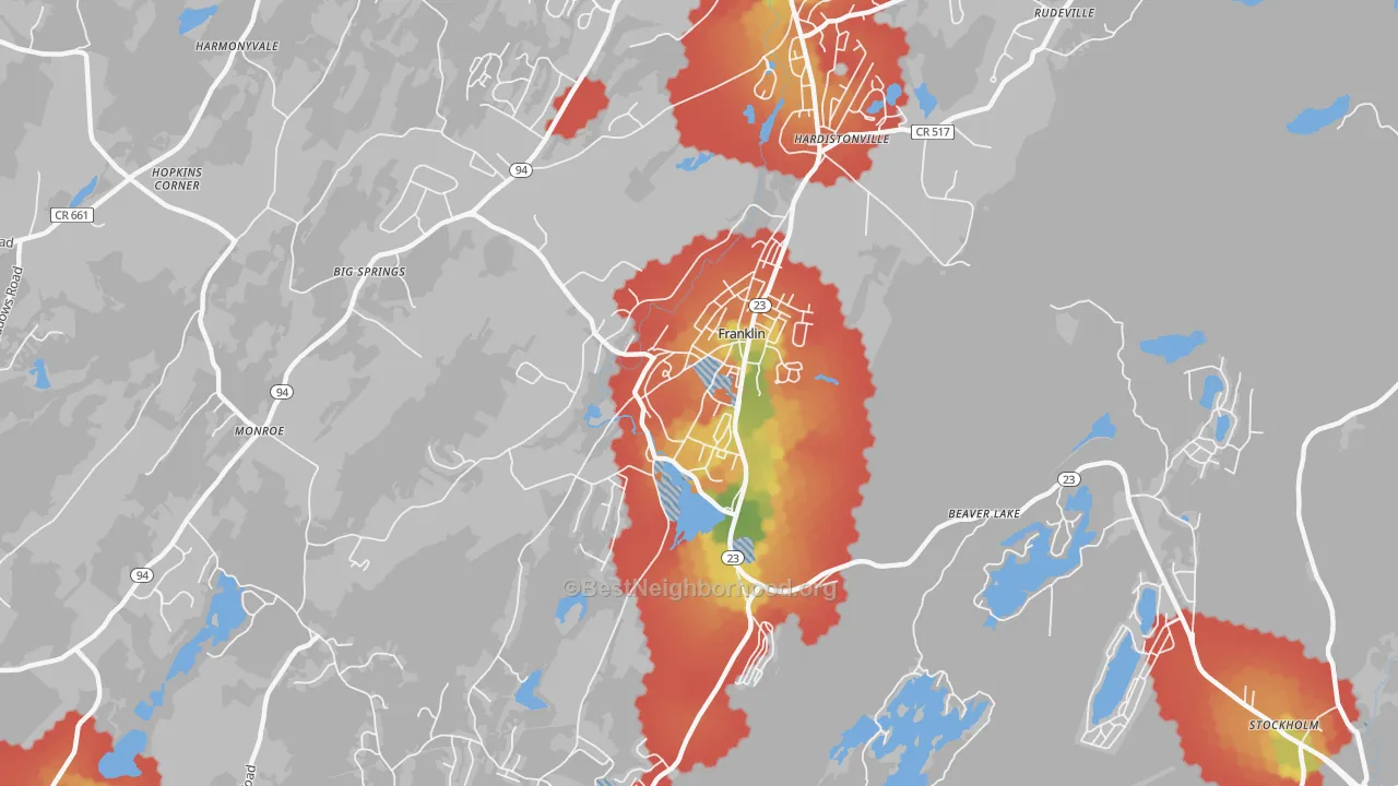 Walk Grade map of Franklin, NJ, walkable areas in green and car-dependent areas in red