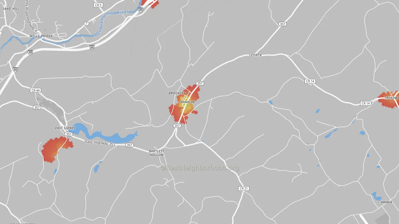 Walk Grade map of Franklin, NY, walkable areas in green and car-dependent areas in red