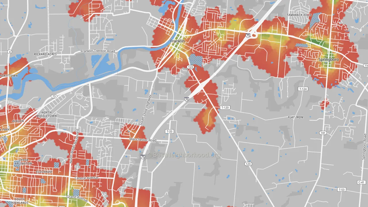 Walk Grade map of Franklin, OH, walkable areas in green and car-dependent areas in red