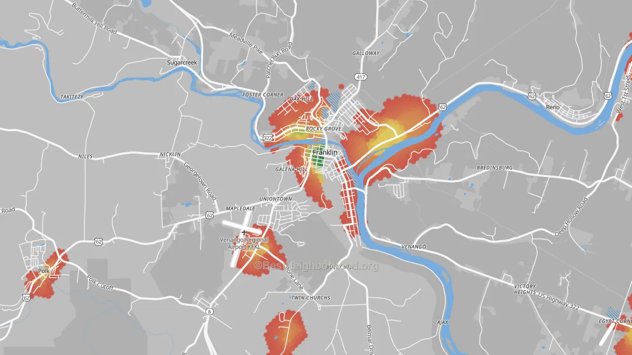 Walk Grade map of Franklin, PA, walkable areas in green and car-dependent areas in red