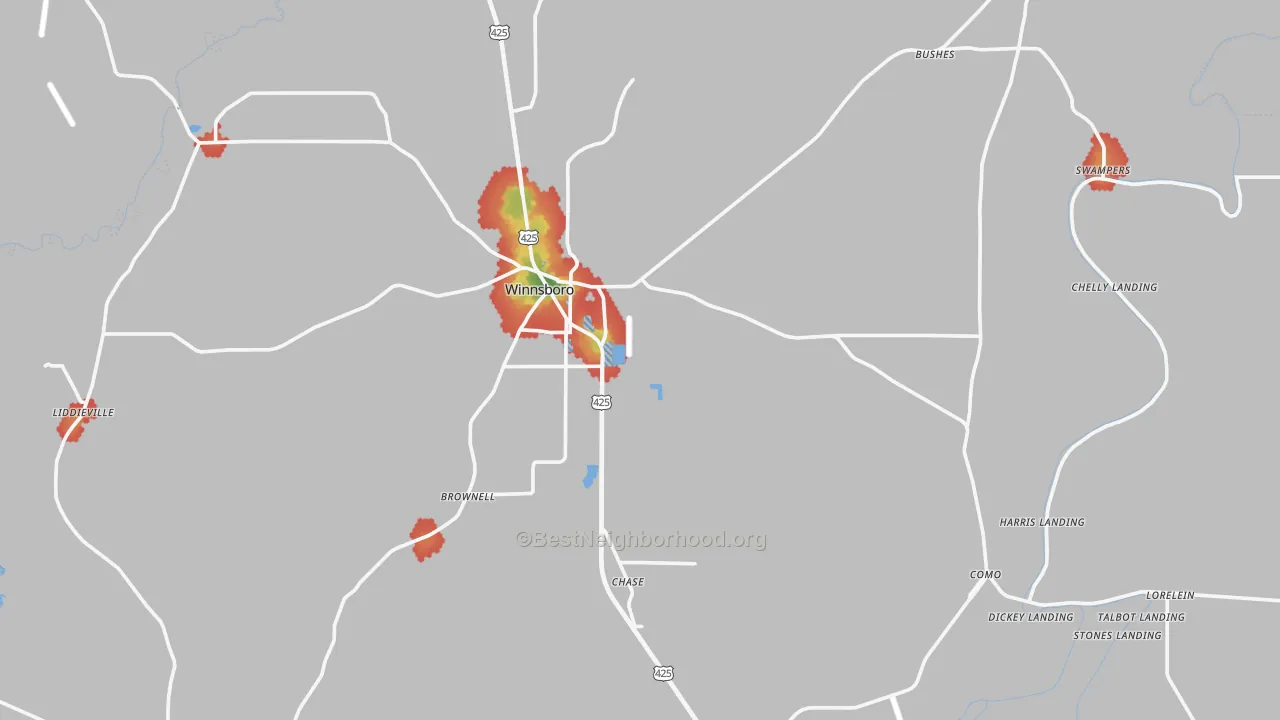 Walk Grade map of Franklin Parish, LA, walkable areas in green and car-dependent areas in red