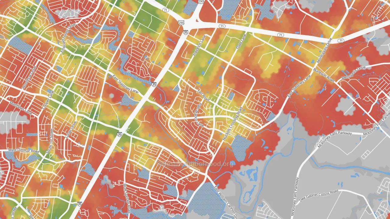 Walk Grade map of Franklin Park, Austin, TX, walkable areas in green and car-dependent areas in red