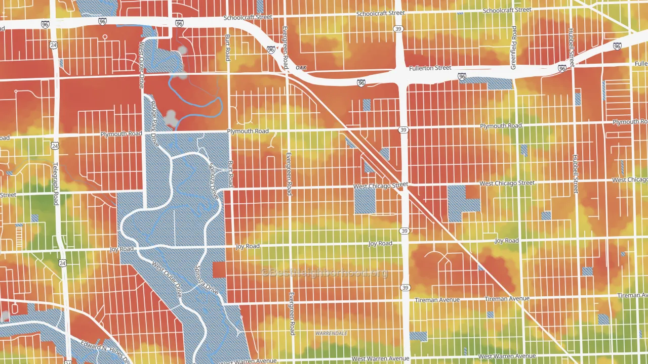 Walk Grade map of Franklin Park, Detroit, MI, walkable areas in green and car-dependent areas in red