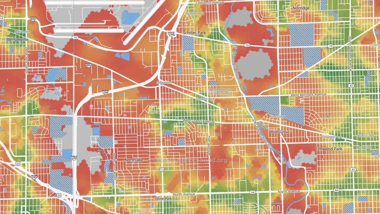 Walk Grade map of Franklin Park, IL, walkable areas in green and car-dependent areas in red