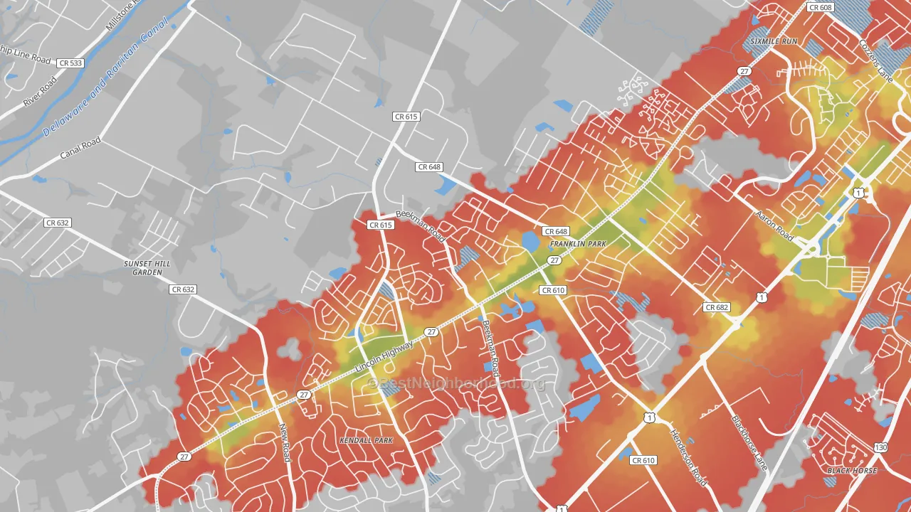 Walk Grade map of Franklin Park, NJ, walkable areas in green and car-dependent areas in red