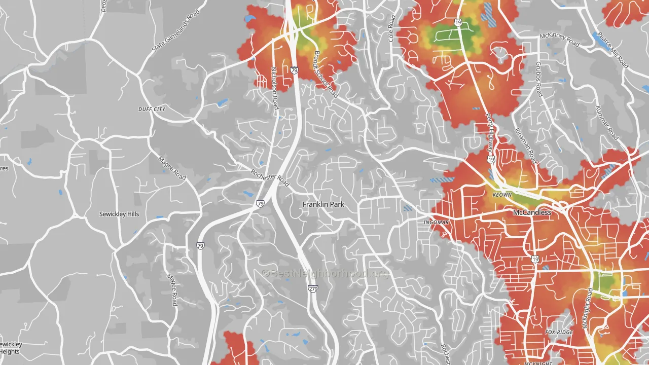 Walk Grade map of Franklin Park, PA, walkable areas in green and car-dependent areas in red