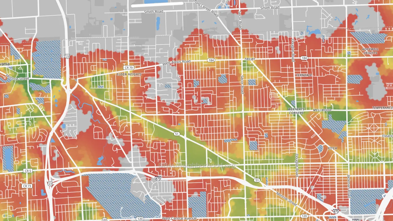 Walk Grade map of Franklin Park, Toledo, OH, walkable areas in green and car-dependent areas in red