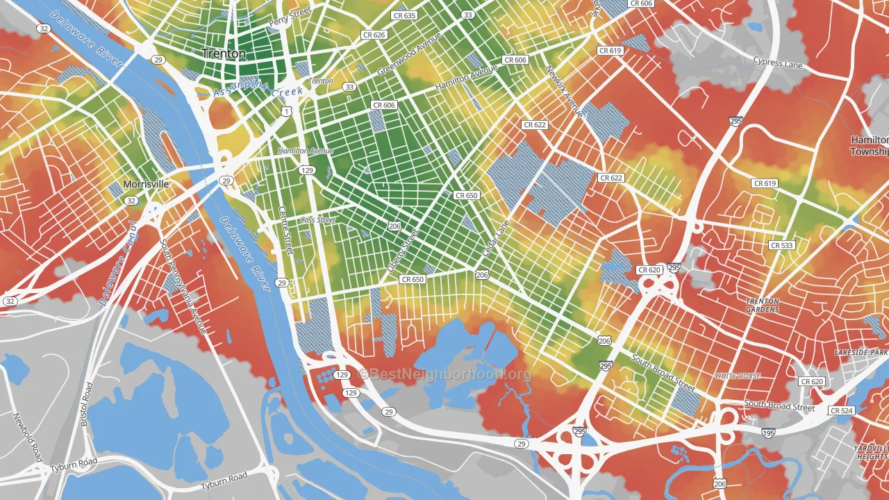 Walk Grade map of Franklin Park, Trenton, NJ, walkable areas in green and car-dependent areas in red