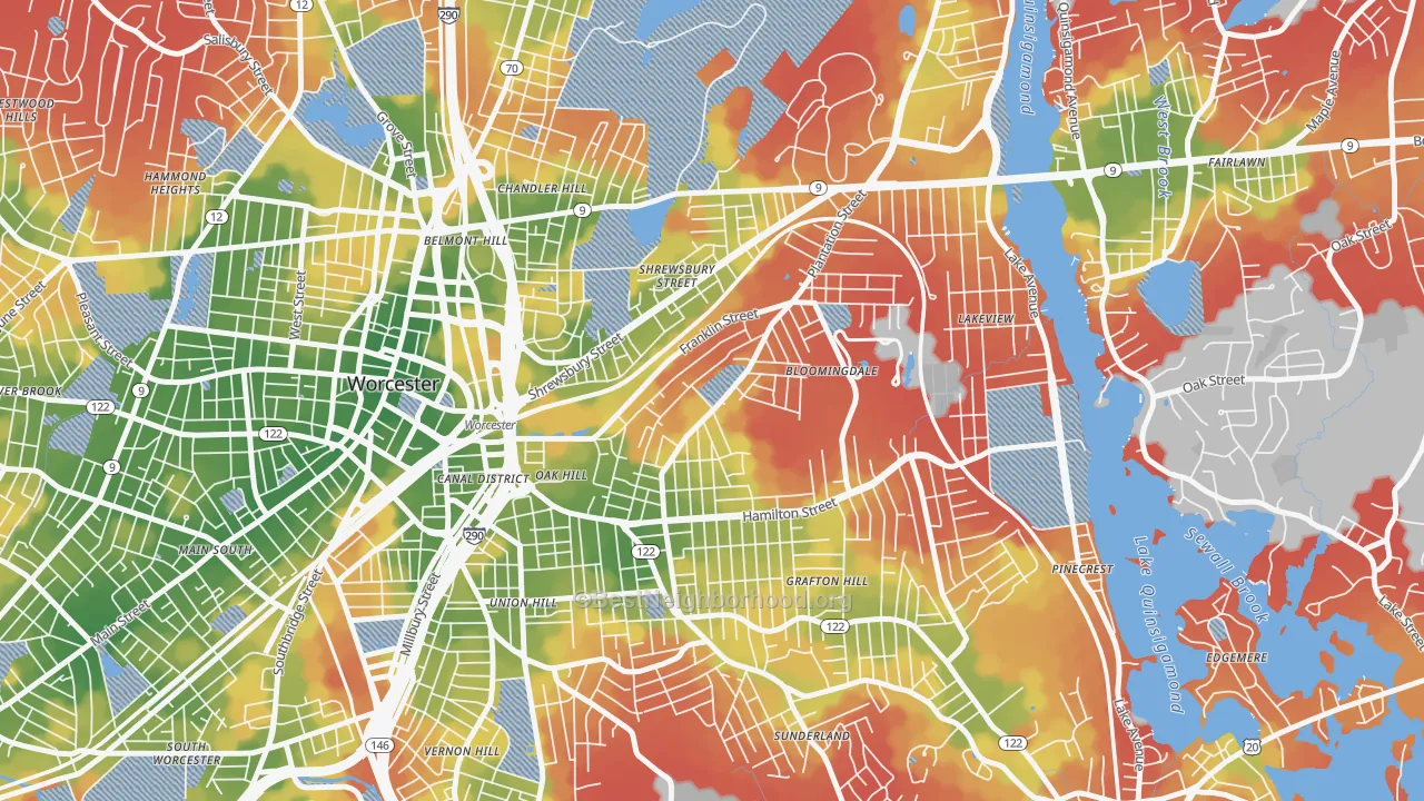 Walk Grade map of Franklin Plantation, Worcester, MA, walkable areas in green and car-dependent areas in red