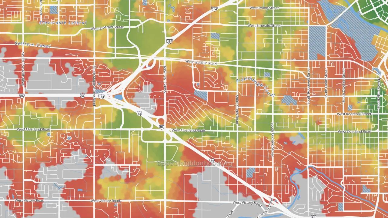 Walk Grade map of Franklin Randolph, Boise, ID, walkable areas in green and car-dependent areas in red