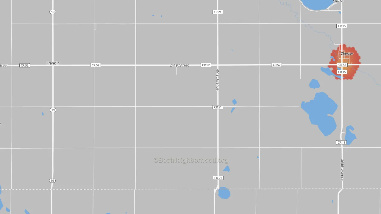 Walk Grade map of Franklin, SD, walkable areas in green and car-dependent areas in red