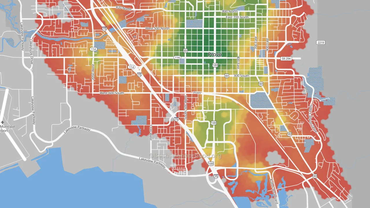 Walk Grade map of Franklin South, Provo, UT, walkable areas in green and car-dependent areas in red