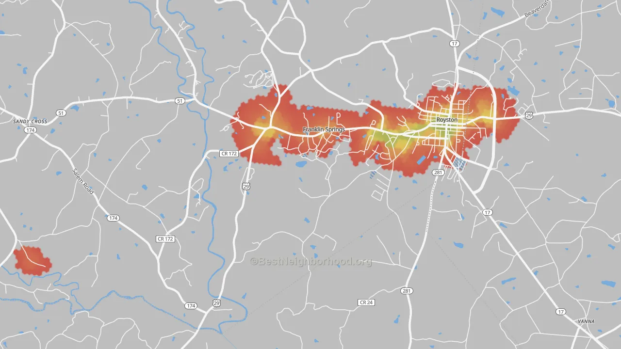 Walk Grade map of Franklin Springs, GA, walkable areas in green and car-dependent areas in red
