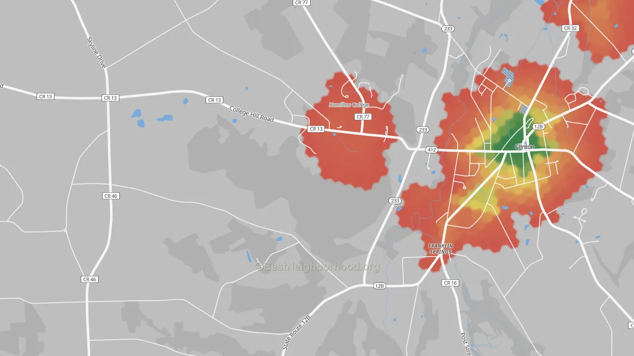 Walk Grade map of Franklin Springs, NY, walkable areas in green and car-dependent areas in red