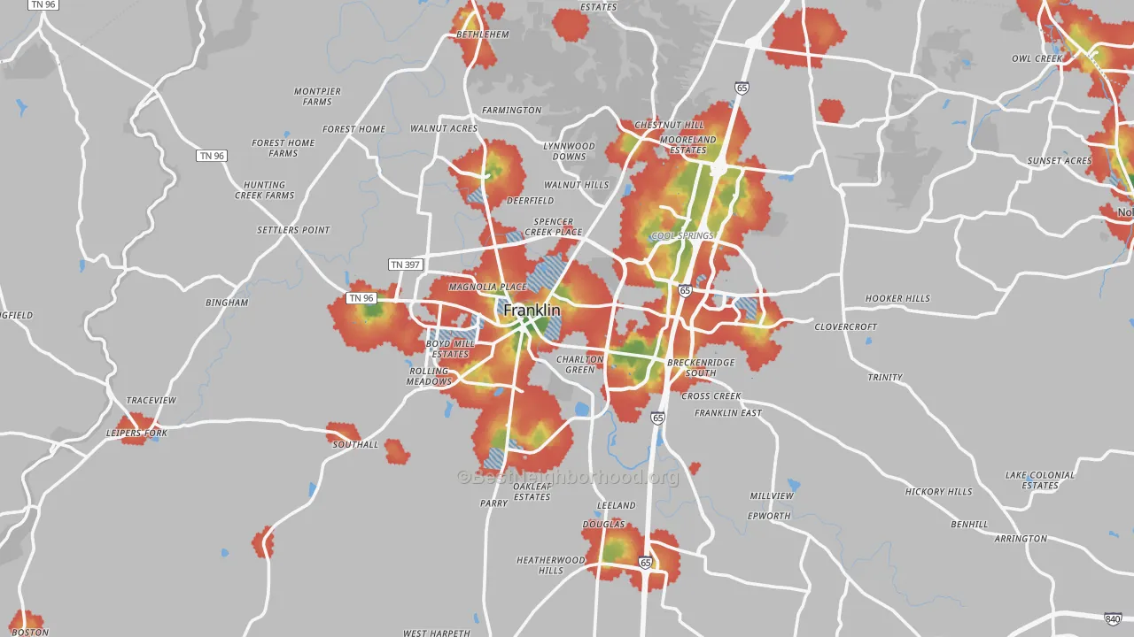 Walk Grade map of Franklin, TN, walkable areas in green and car-dependent areas in red