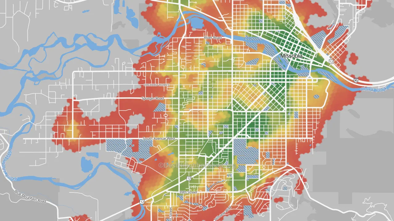 Walk Grade map of Franklin To The Fort, Missoula, MT, walkable areas in green and car-dependent areas in red
