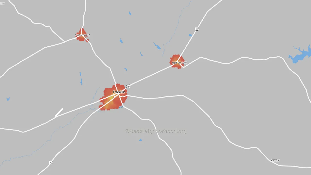 Walk Grade map of Franklin, TX, walkable areas in green and car-dependent areas in red