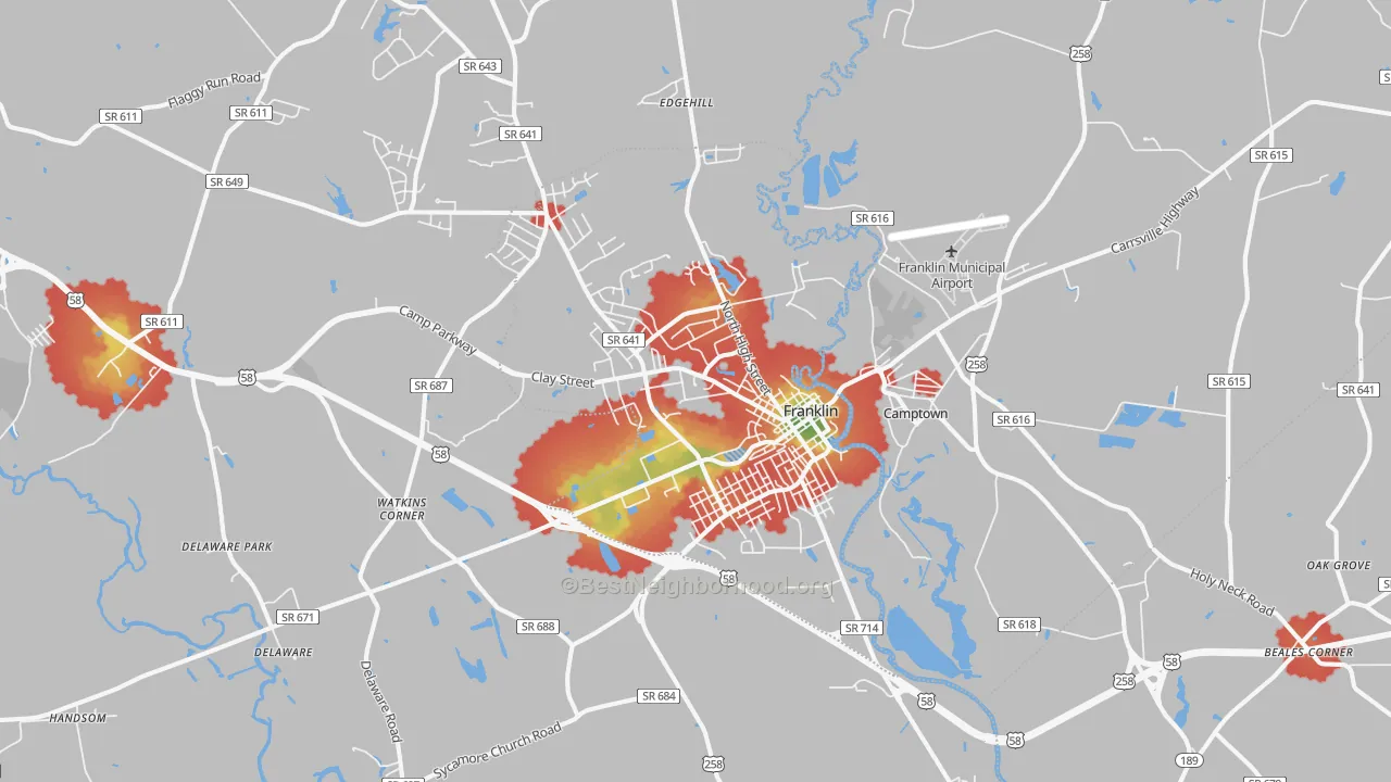 Walk Grade map of Franklin, VA, walkable areas in green and car-dependent areas in red