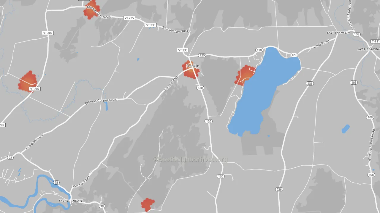 Walk Grade map of Franklin, VT, walkable areas in green and car-dependent areas in red
