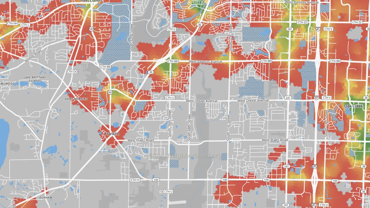 Walk Grade map of Franklin, WI, walkable areas in green and car-dependent areas in red