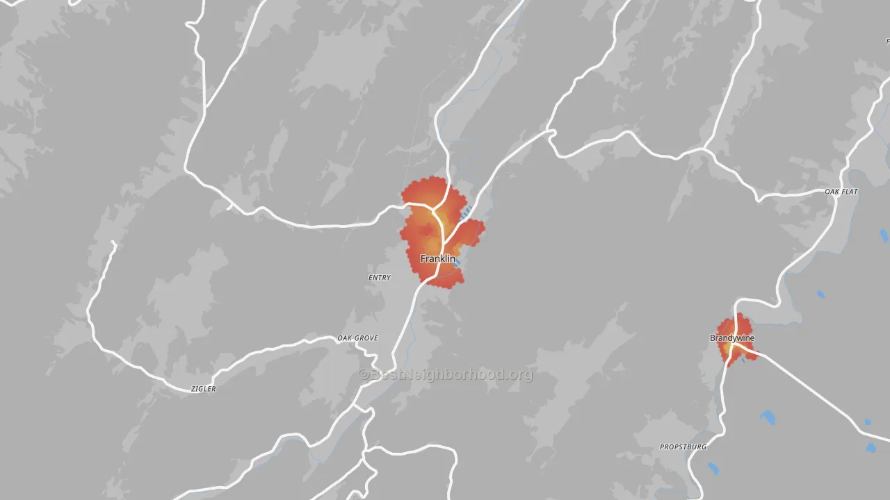 Walk Grade map of Franklin, WV, walkable areas in green and car-dependent areas in red