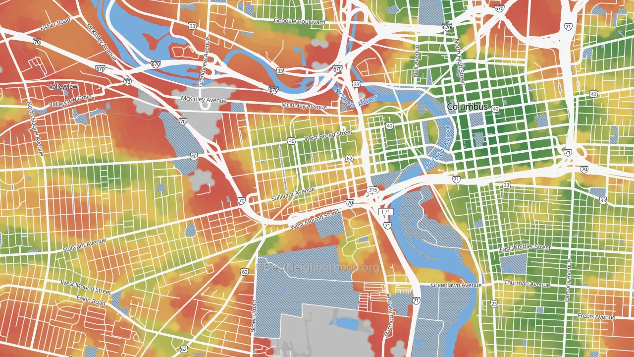 Walk Grade map of Franklinton, Columbus, OH, walkable areas in green and car-dependent areas in red