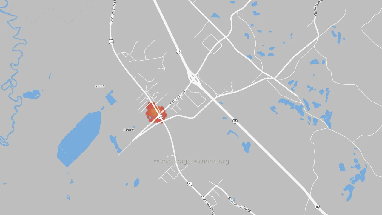 Walk Grade map of Franklinton, GA, walkable areas in green and car-dependent areas in red