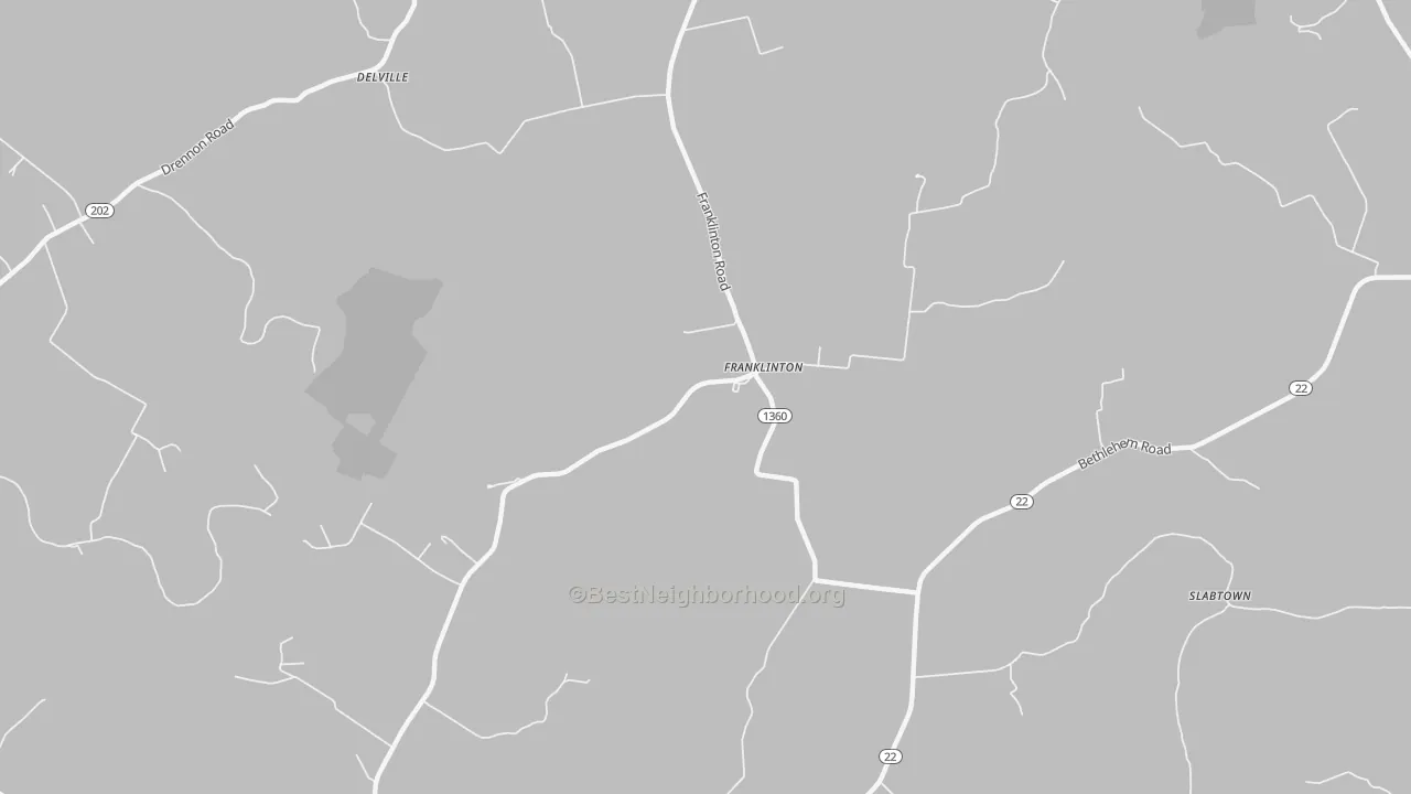 Walk Grade map of Franklinton, KY, walkable areas in green and car-dependent areas in red