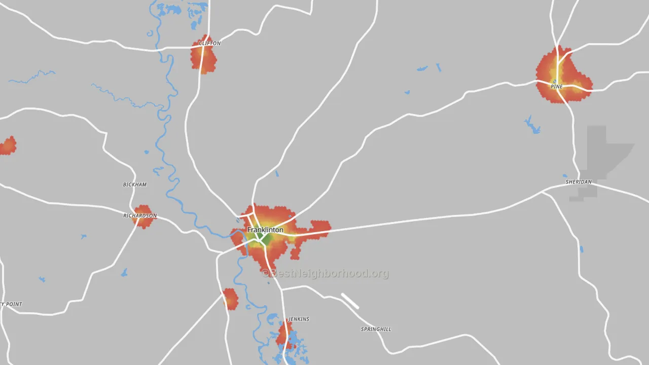 Walk Grade map of Franklinton, LA, walkable areas in green and car-dependent areas in red