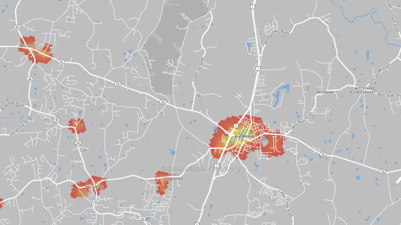 Walk Grade map of Franklinton, NC, walkable areas in green and car-dependent areas in red