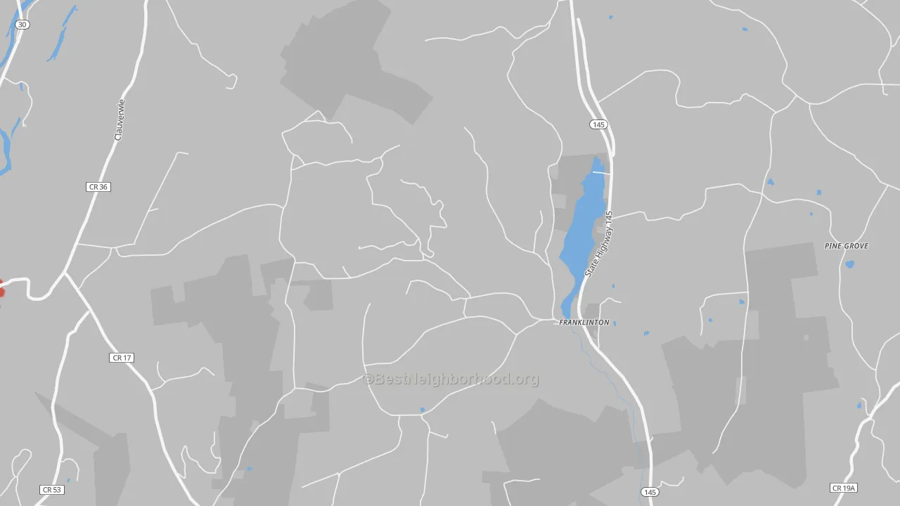 Walk Grade map of Franklinton, NY, walkable areas in green and car-dependent areas in red