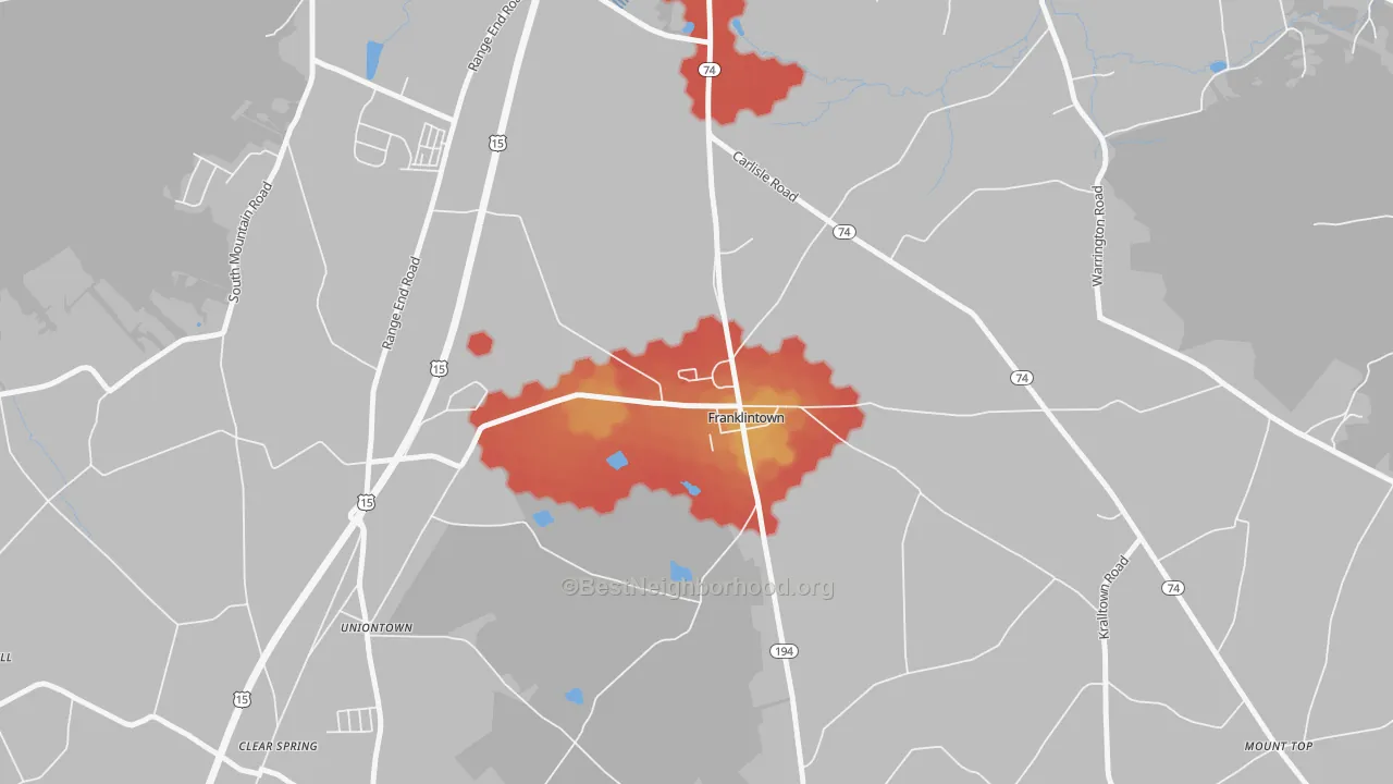 Walk Grade map of Franklintown, PA, walkable areas in green and car-dependent areas in red
