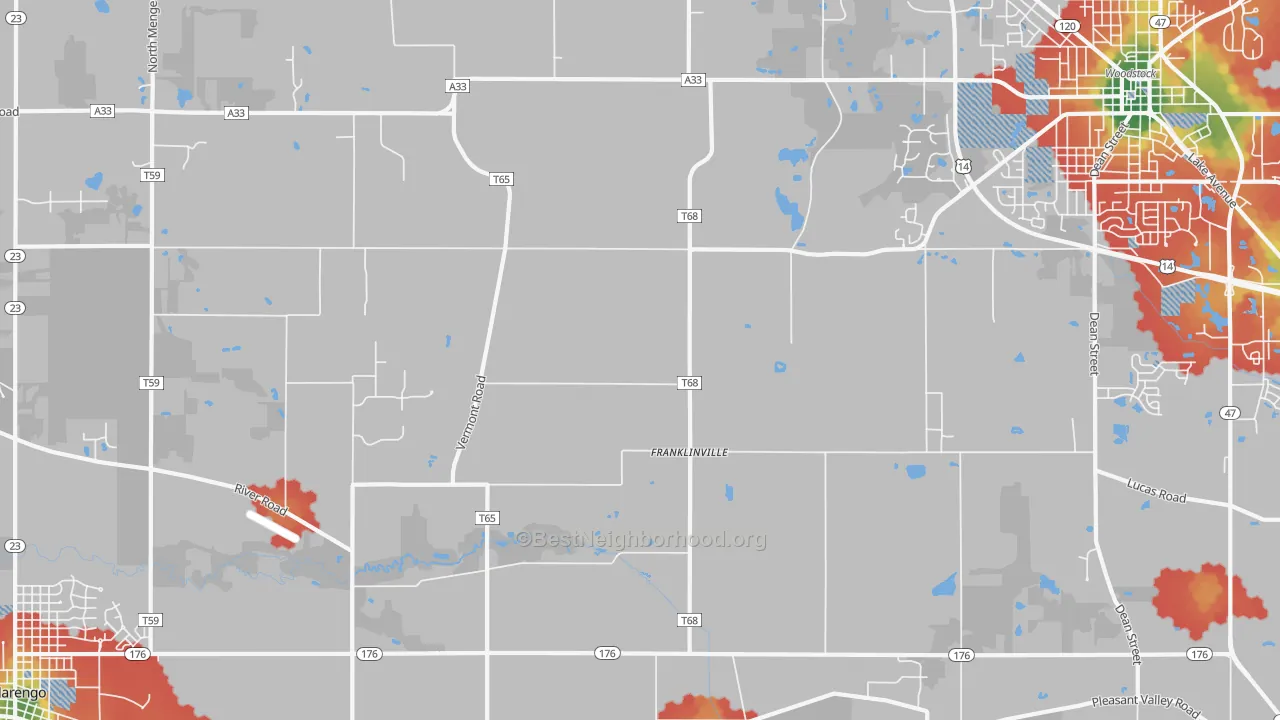 Walk Grade map of Franklinville, IL, walkable areas in green and car-dependent areas in red