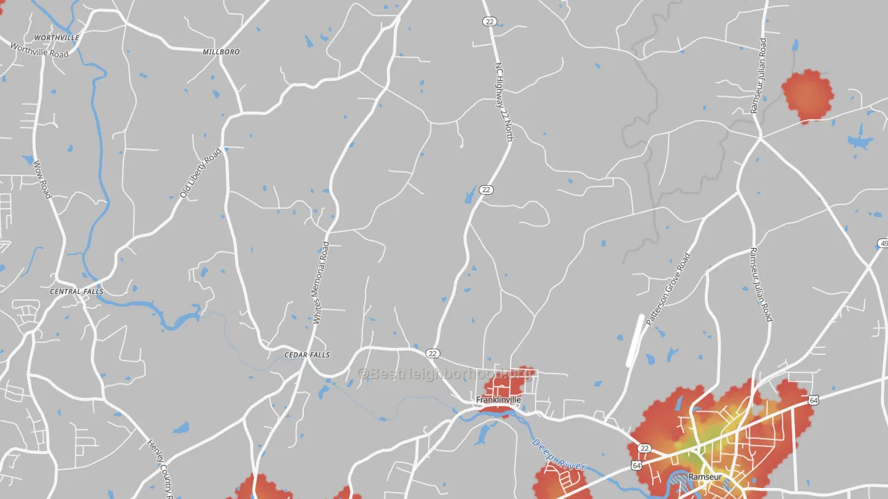 Walk Grade map of Franklinville, NC, walkable areas in green and car-dependent areas in red