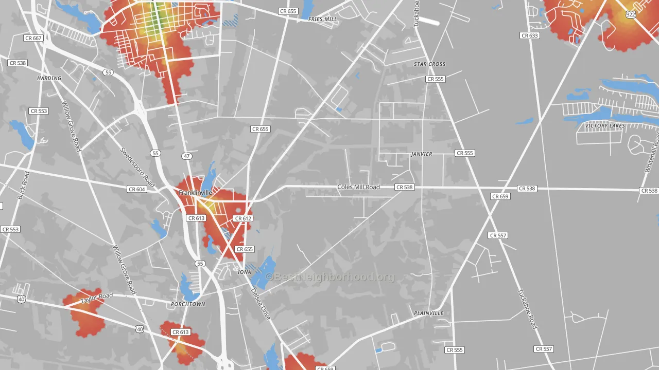 Walk Grade map of Franklinville, NJ, walkable areas in green and car-dependent areas in red