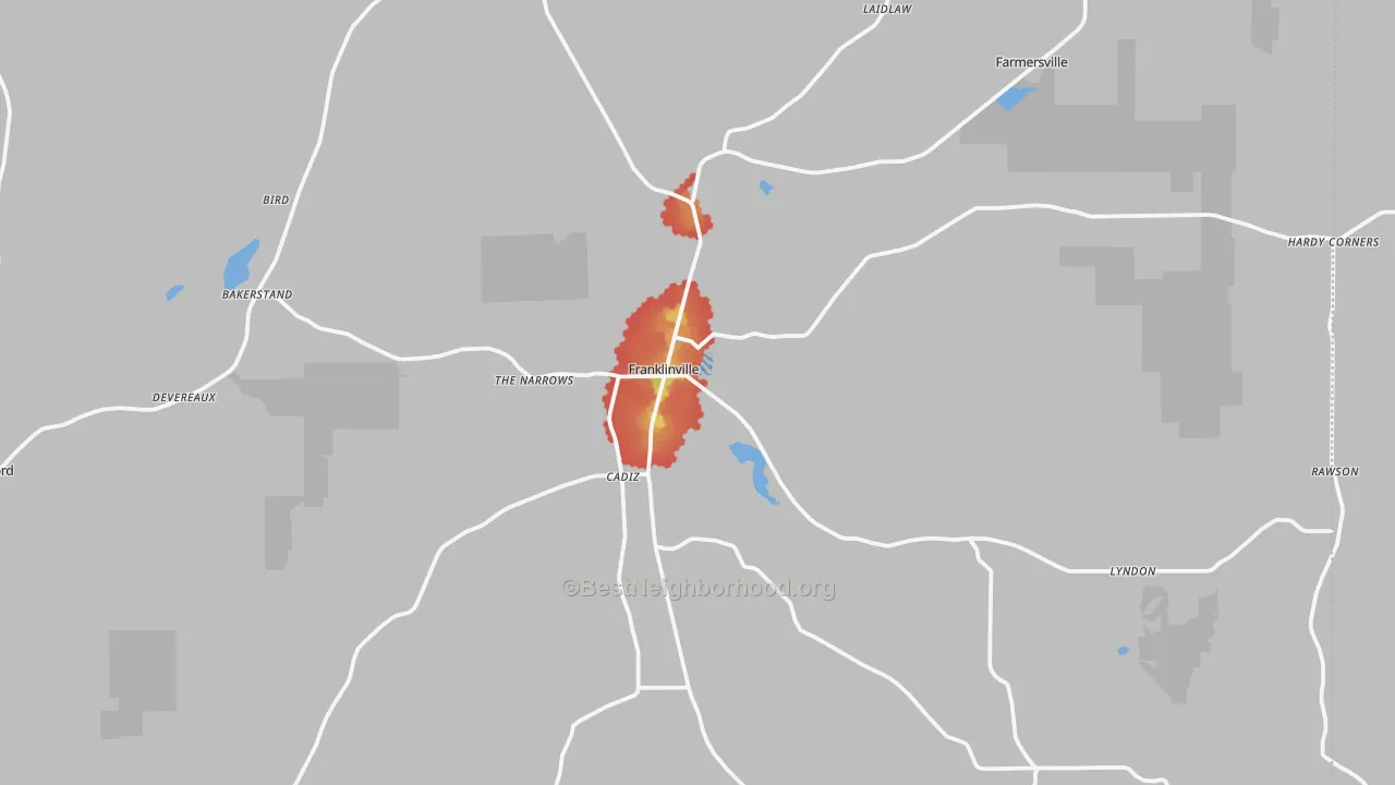 Walk Grade map of Franklinville, NY, walkable areas in green and car-dependent areas in red