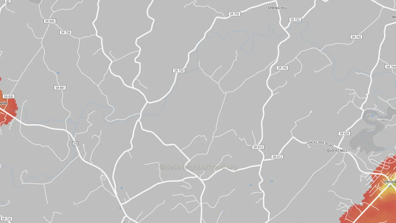 Walk Grade map of Franks Mill, VA, walkable areas in green and car-dependent areas in red