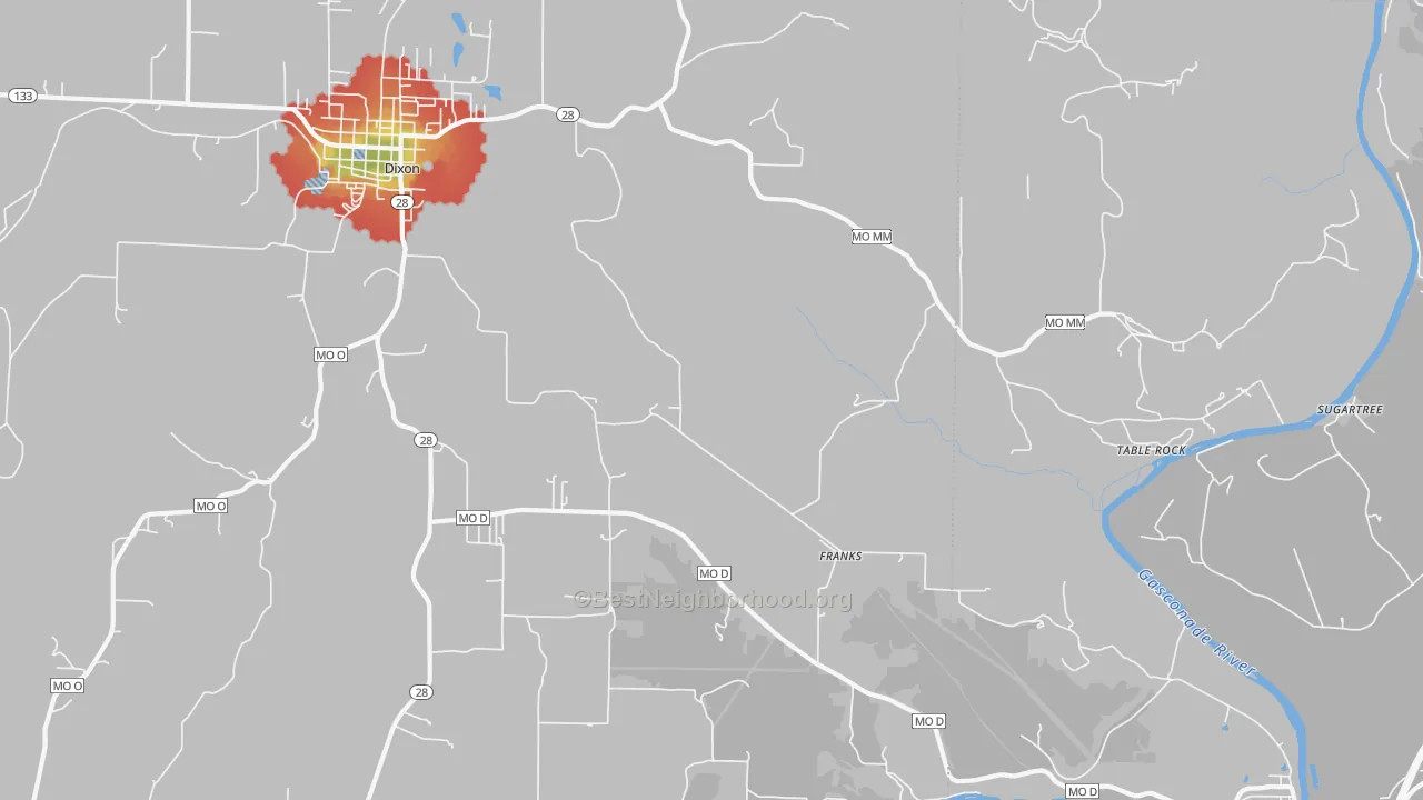 Walk Grade map of Franks, MO, walkable areas in green and car-dependent areas in red